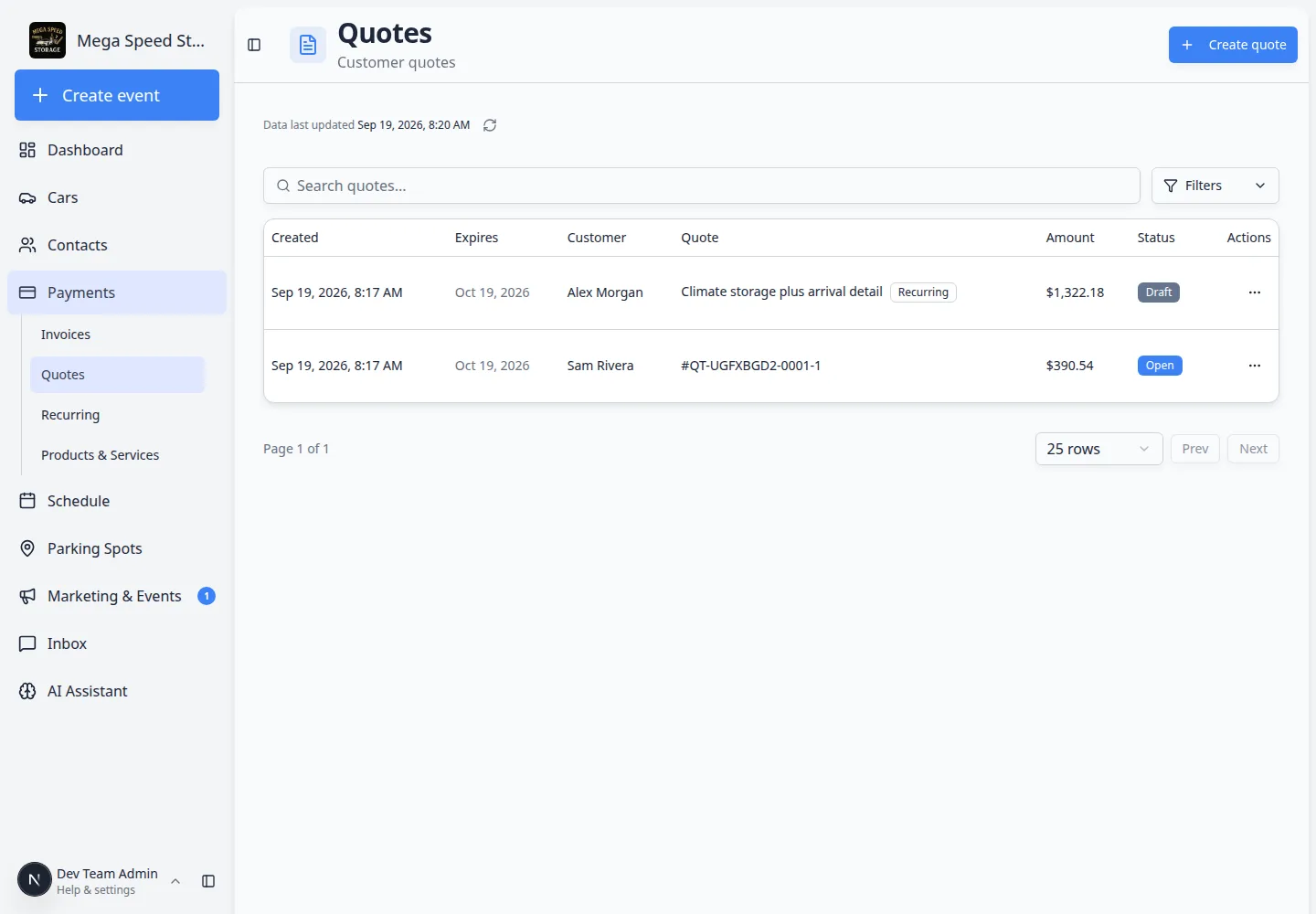 Quotes page with an Open quote for Sam Rivera and a Draft quote for Alex Morgan