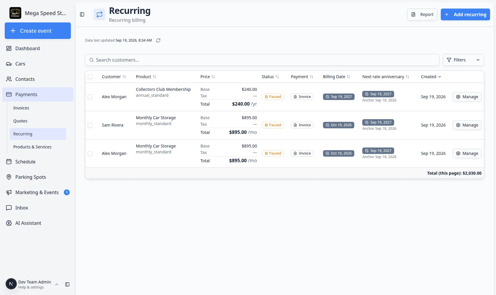 Recurring billing list showing billing dates