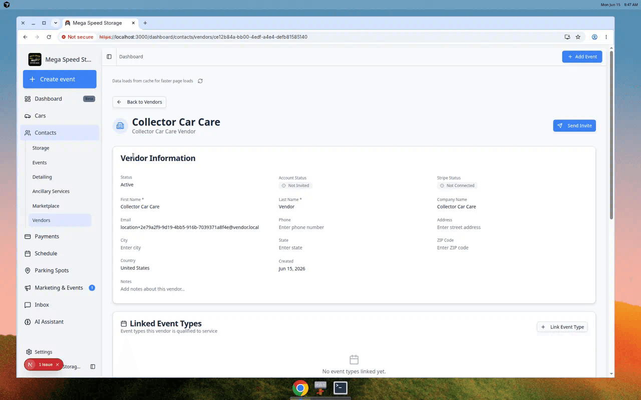 Vendor detail page showing company name, contact information, account status, and payment setup status