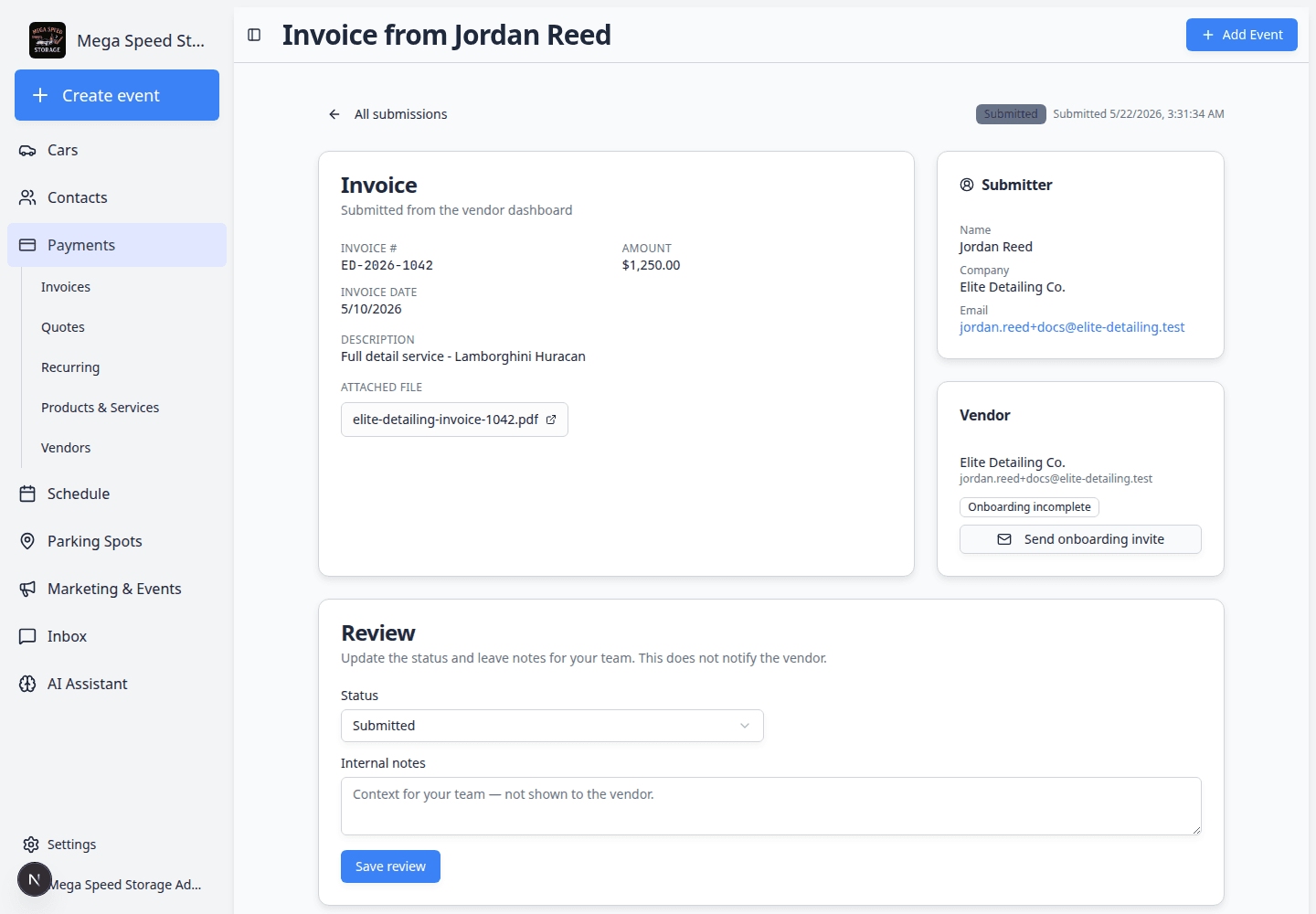 Vendor invoice detail page showing invoice number, amount, attached file, submitter, vendor card, review status dropdown, and payment section