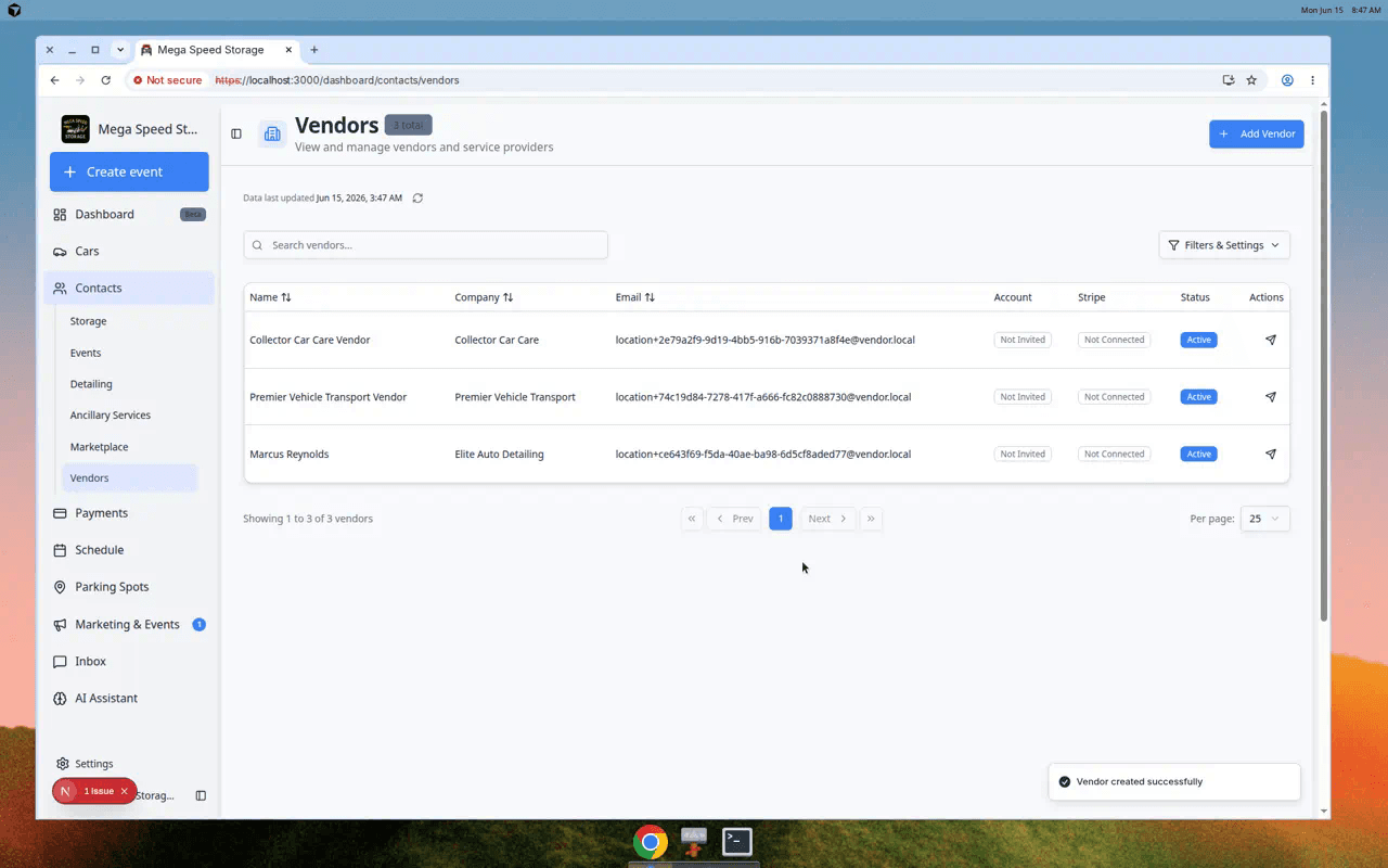 Vendors page showing vendor rows with contact details, account status, payment status, and action buttons