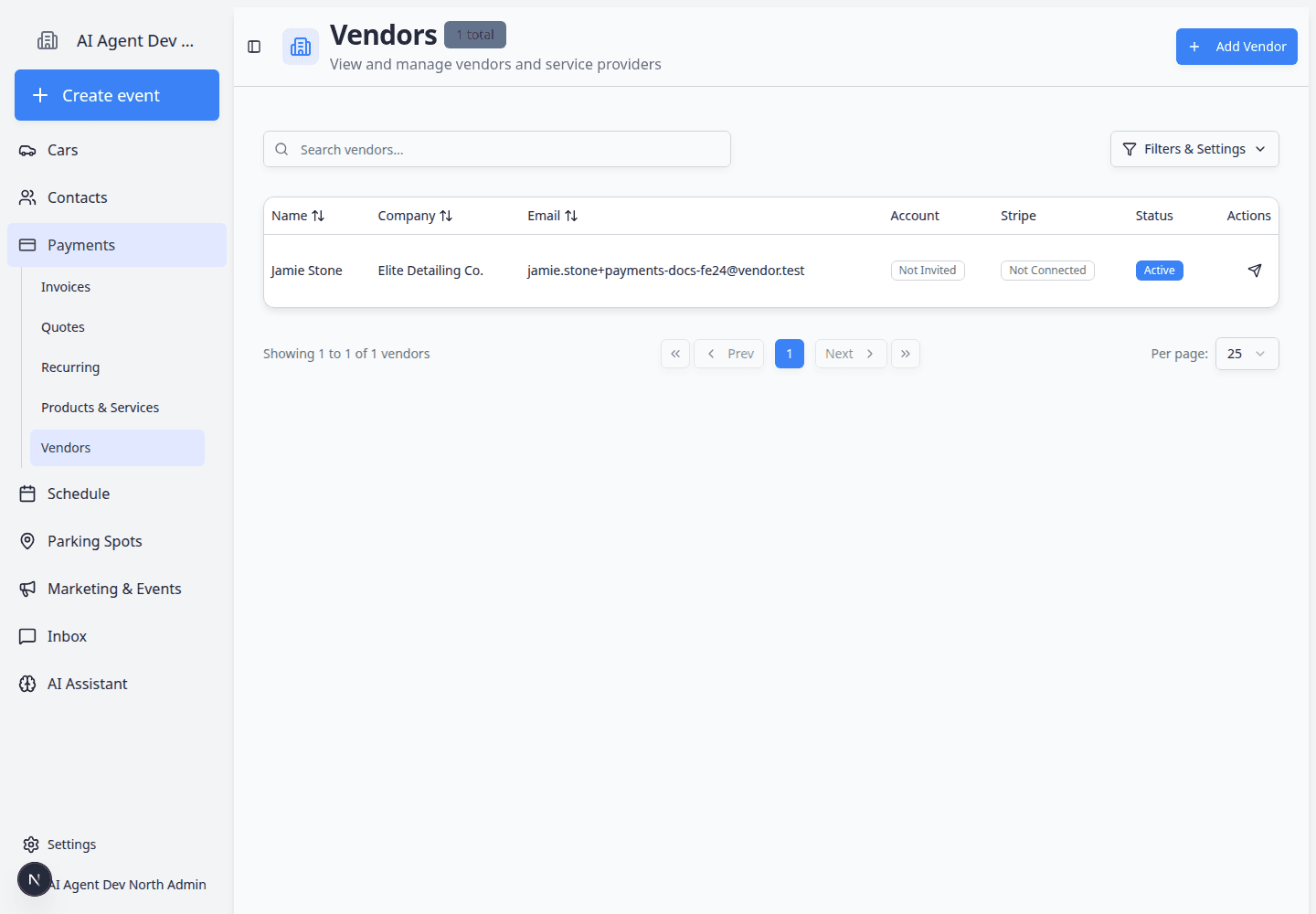 Vendors page showing vendor rows with contact details, account status, payment status, and action buttons