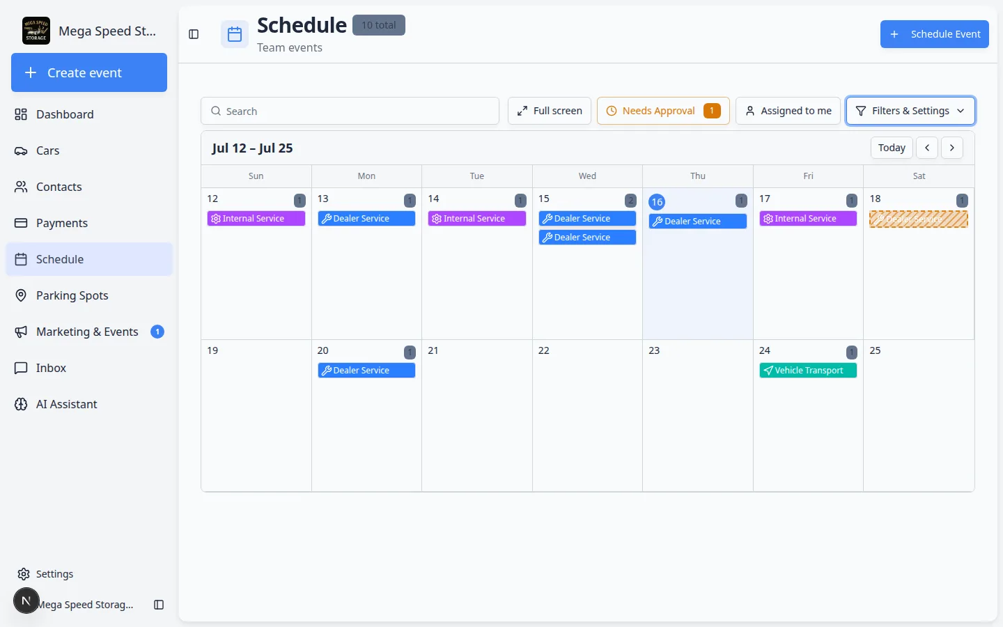 Schedule calendar in 2 Week view with color-coded events across fourteen days