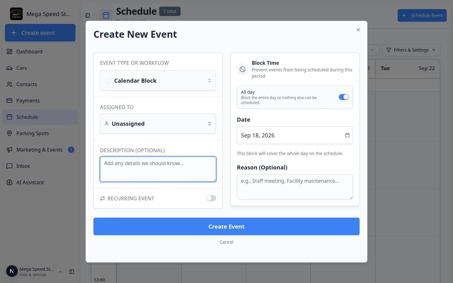 Create New Event window set to Calendar Block with All day on, showing Block Time helper text and a Date picker