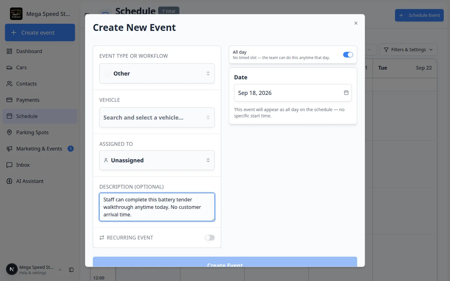 Create New Event with All day enabled and date picker only