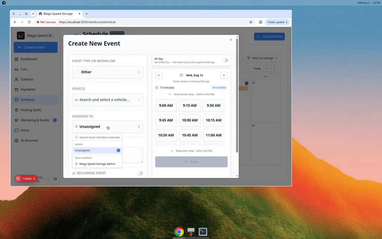 Create New Event dialog with the Assigned to picker open showing team members and vendor partners with checkboxes