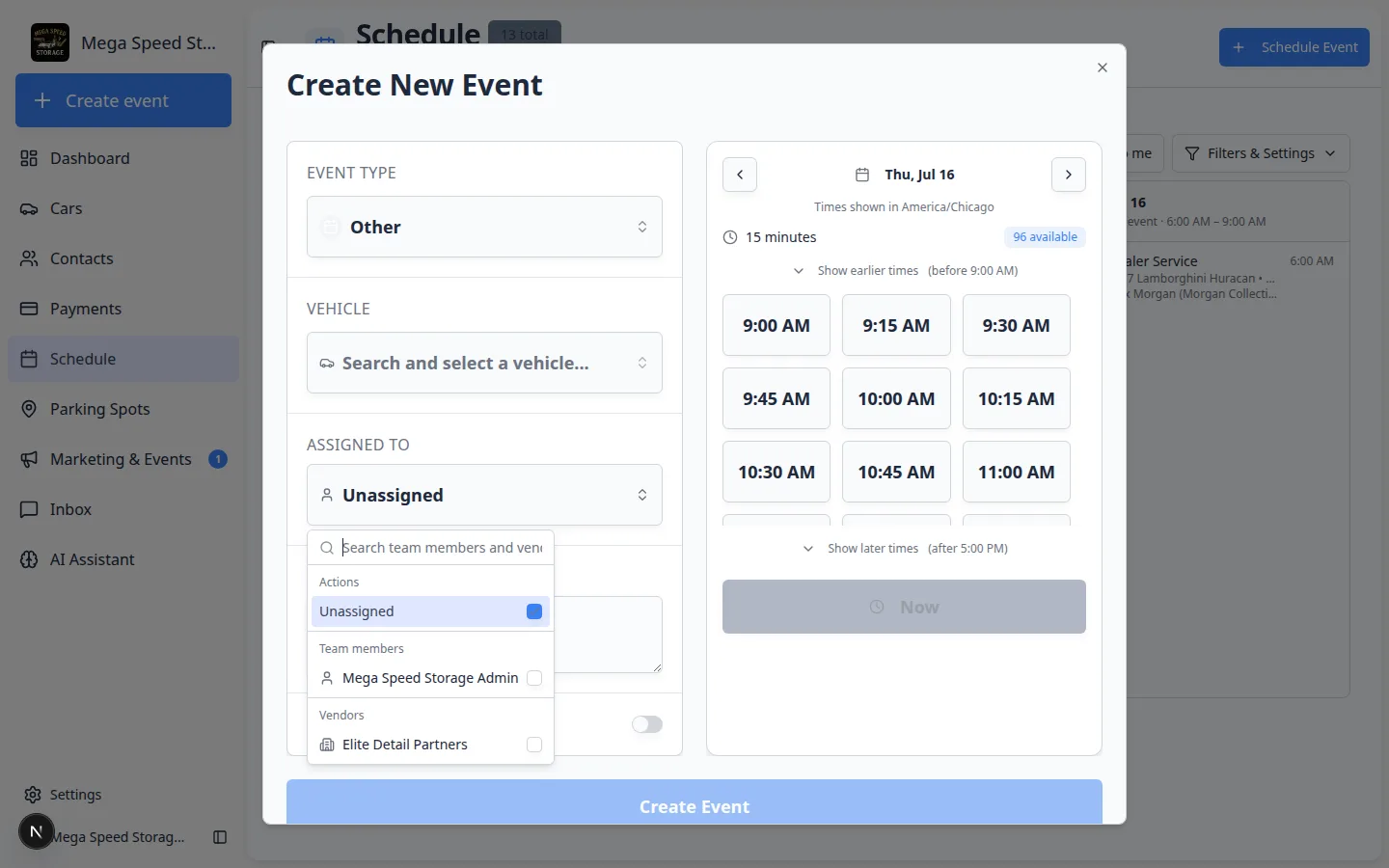 Assigned to picker open on Create New Event showing Team members and Vendors sections with checkboxes