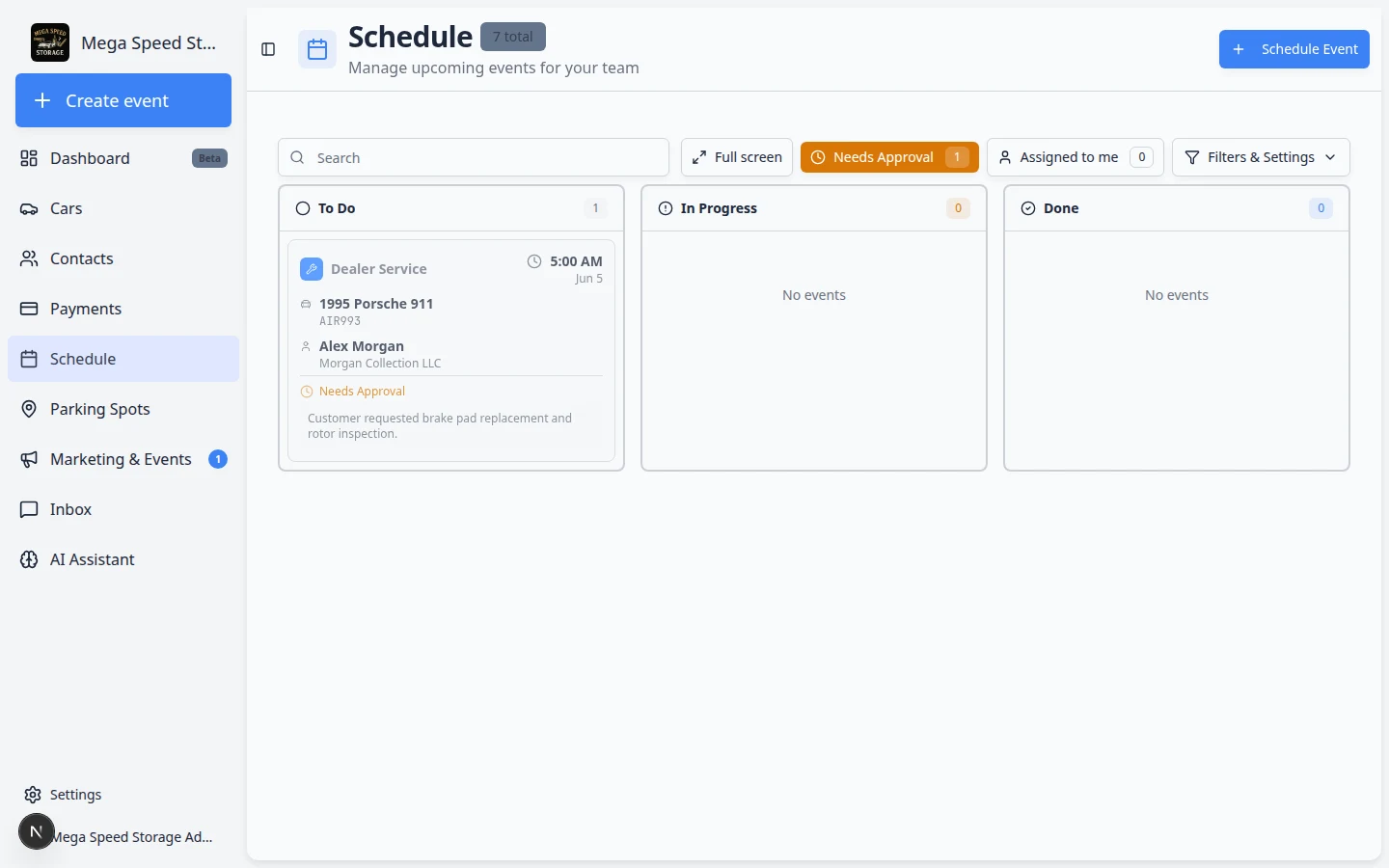 Event details panel for a pending booking showing Approve, Decline, and Suggest New Time buttons