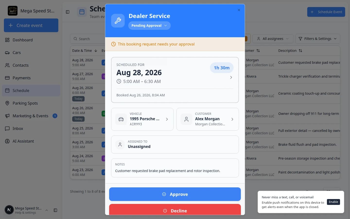 Event details panel for a pending booking showing Approve, Decline, and Suggest New Time buttons with customer and vehicle information