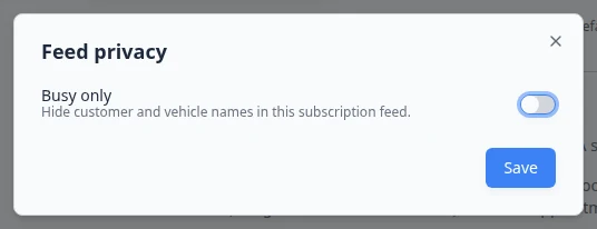 Feed privacy dialog with Busy only switch and Save button
