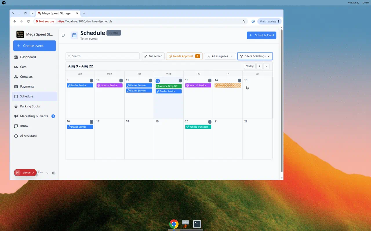 Close-up of Schedule calendar events showing small billing and status indicators on colored event blocks