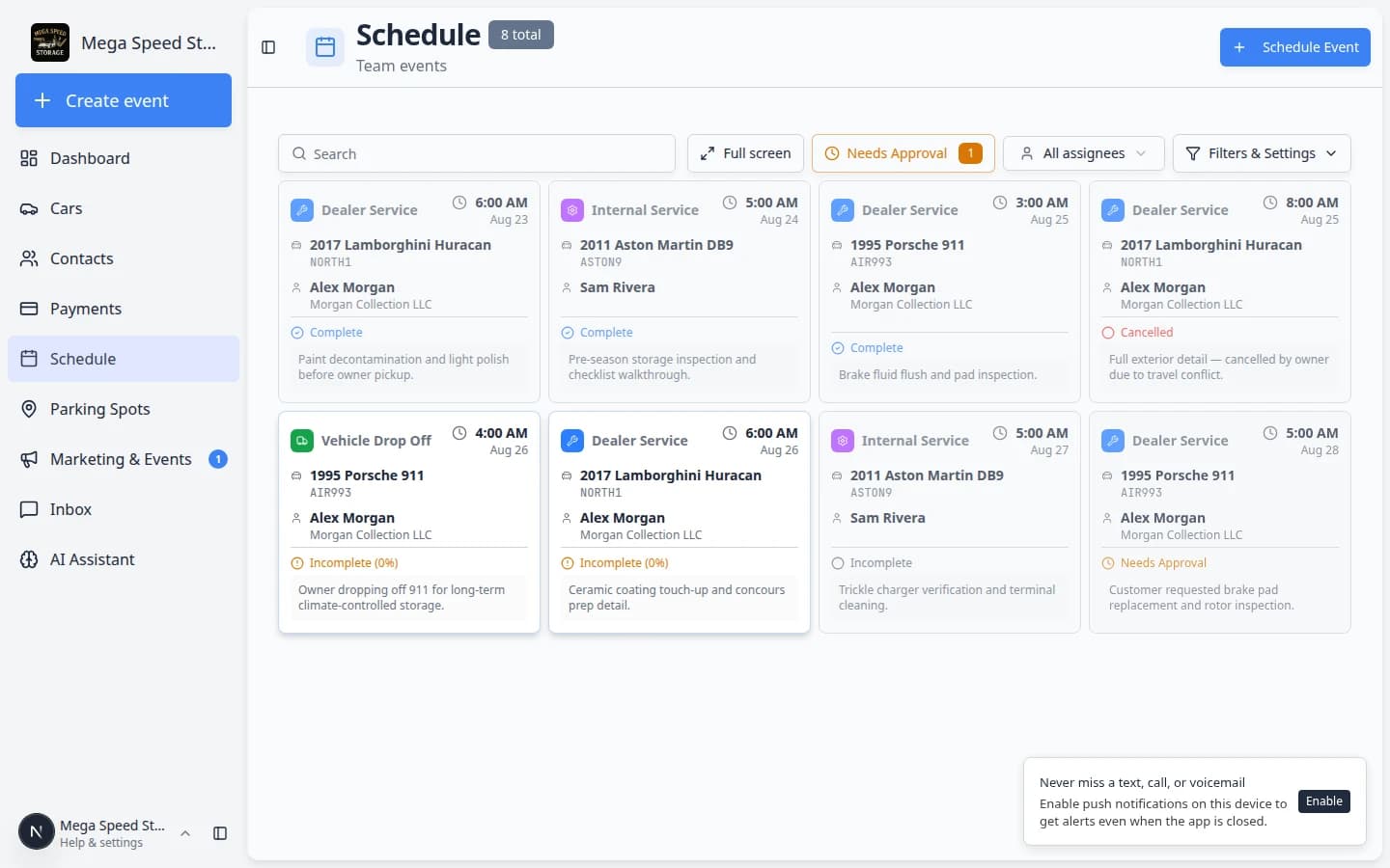 Schedule calendar showing events as colored blocks across the week, with each event displaying the vehicle name, customer, and time