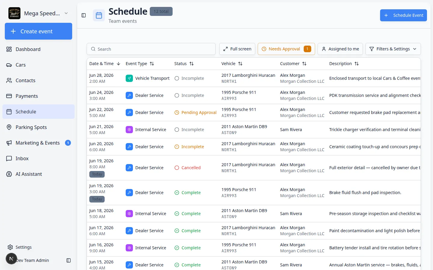 Schedule page showing a 5-day calendar view with color-coded events including vehicle drop-offs, detail appointments, pick-ups, and customer visits spread across the week