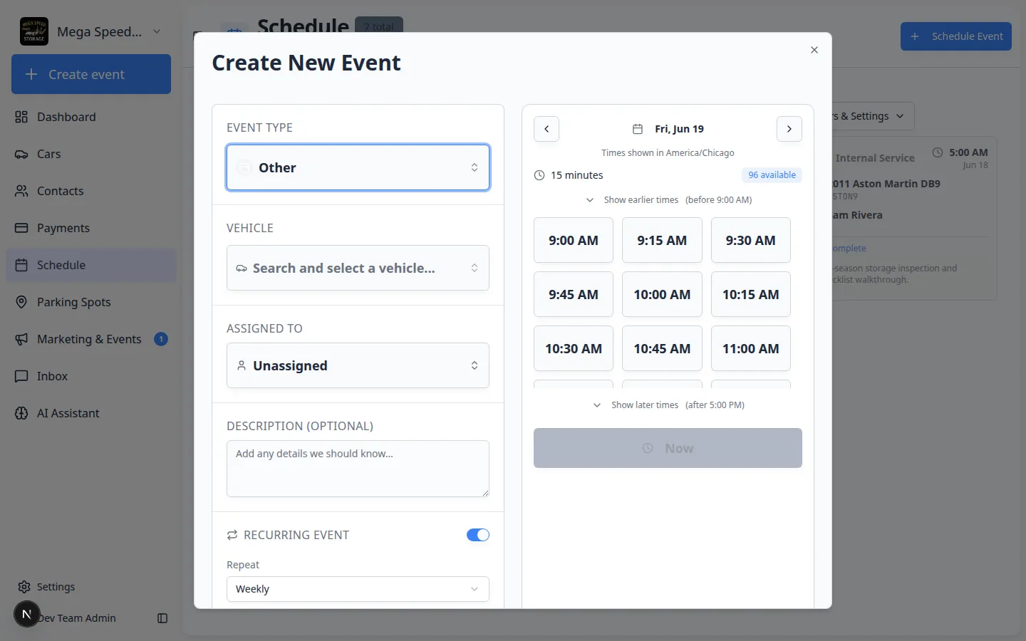 Create New Event form with Recurring Event enabled showing repeat frequency, days of the week, and Until date fields