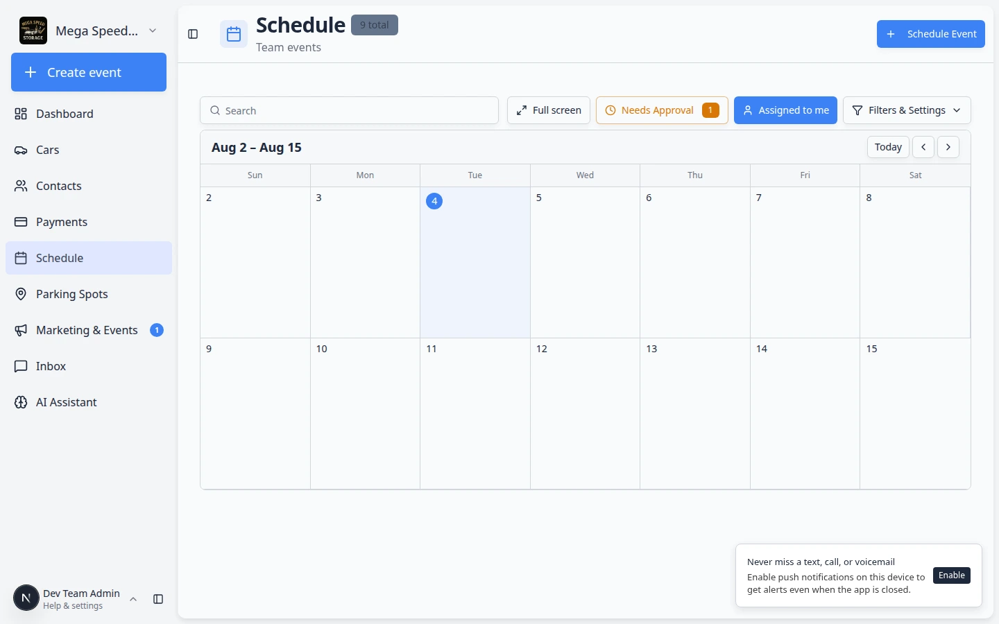 Edit Event form with Assigned to open showing a vendor selected with a check mark