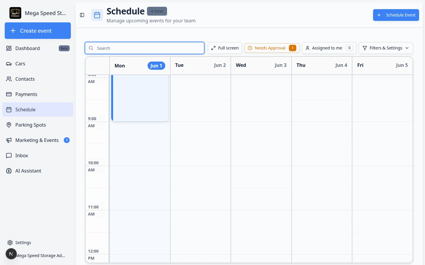 Schedule event edit form showing date, time, car, and customer fields for rescheduling an appointment