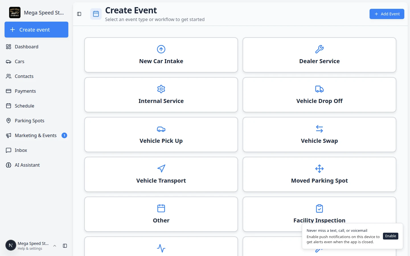 Schedule event details panel showing customer, vehicle, scheduled time, notes, and Edit Event button