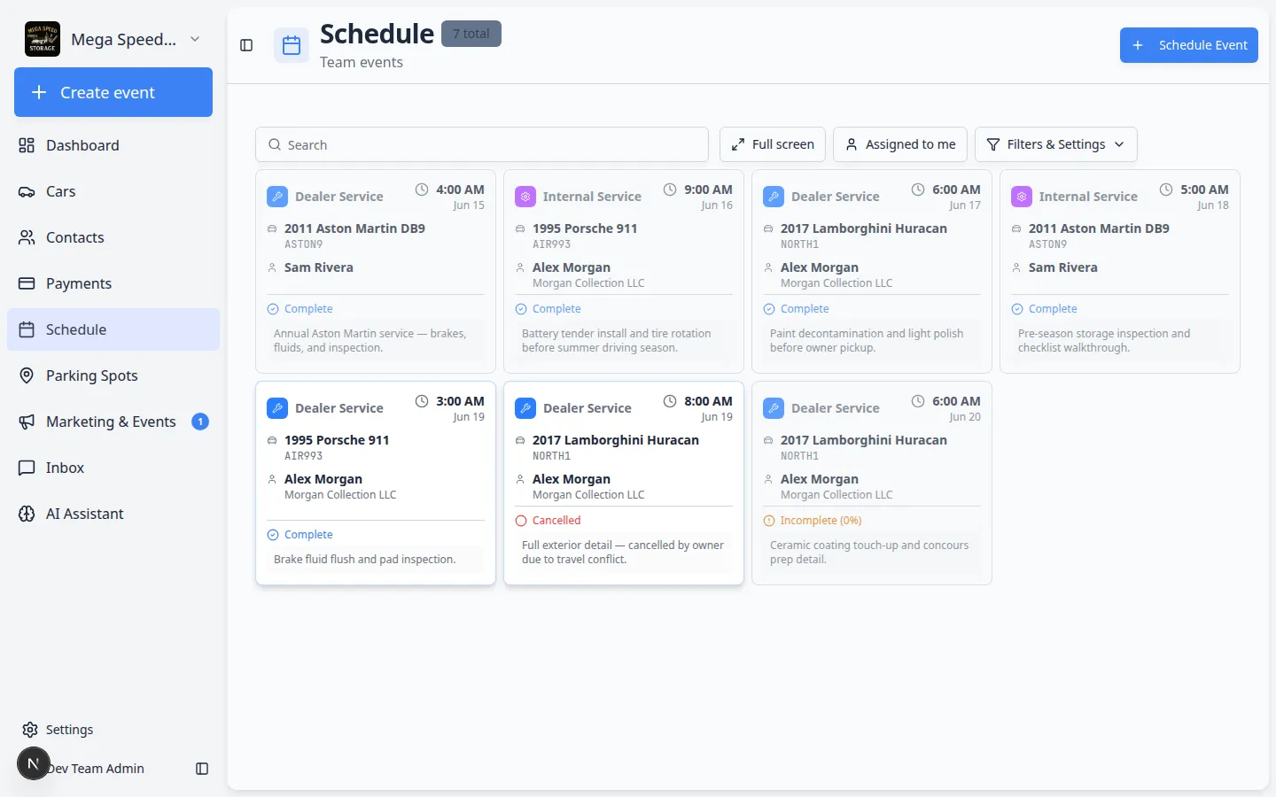 Event detail panel showing a scheduled appointment with the vehicle, customer, date, time, and status information — the starting point for cancelling or editing an event
