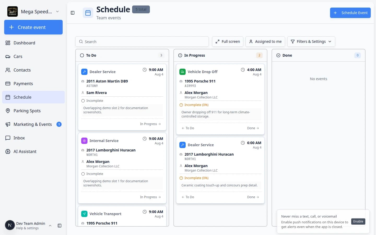 Schedule event detail panel showing a transport event with an outside vendor listed as assignee