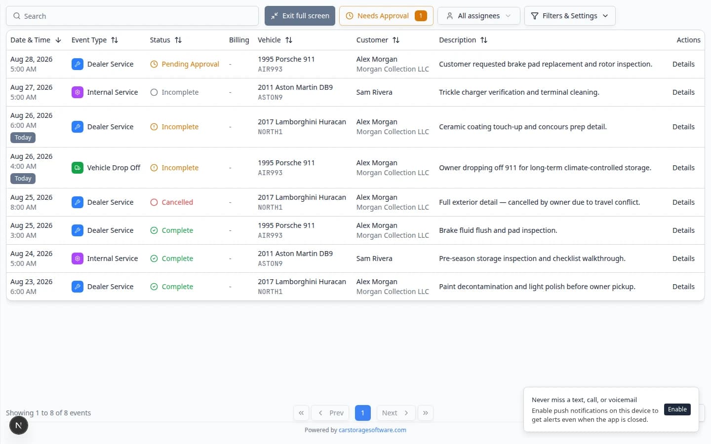 Full-screen schedule display showing a large calendar with today's events and no dashboard sidebar