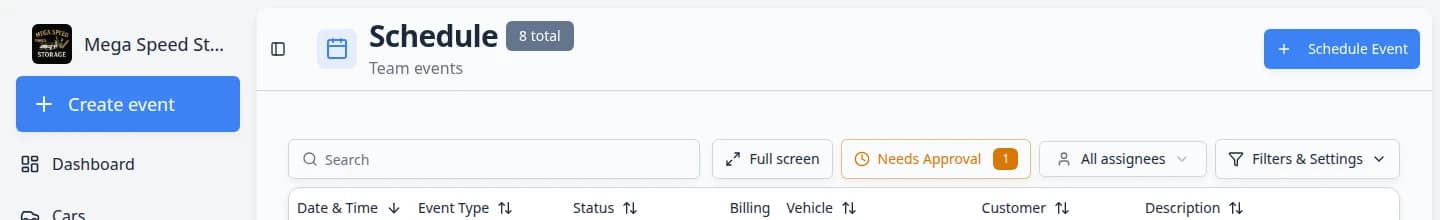 Top of the Schedule page showing Schedule Event, Full screen, and Filters and Settings buttons