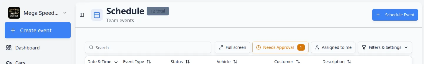 Top of the Schedule page showing Schedule Event, Full screen, and Filters and Settings buttons