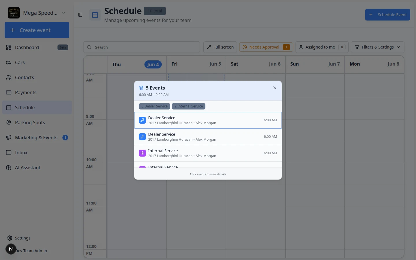Grouped events dialog listing multiple appointments that share the same busy time slot