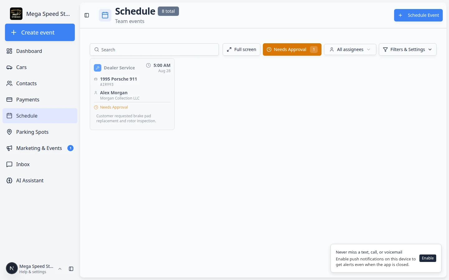 Schedule page with the Needs Approval filter active, showing one pending online booking for a Dealer Service visit