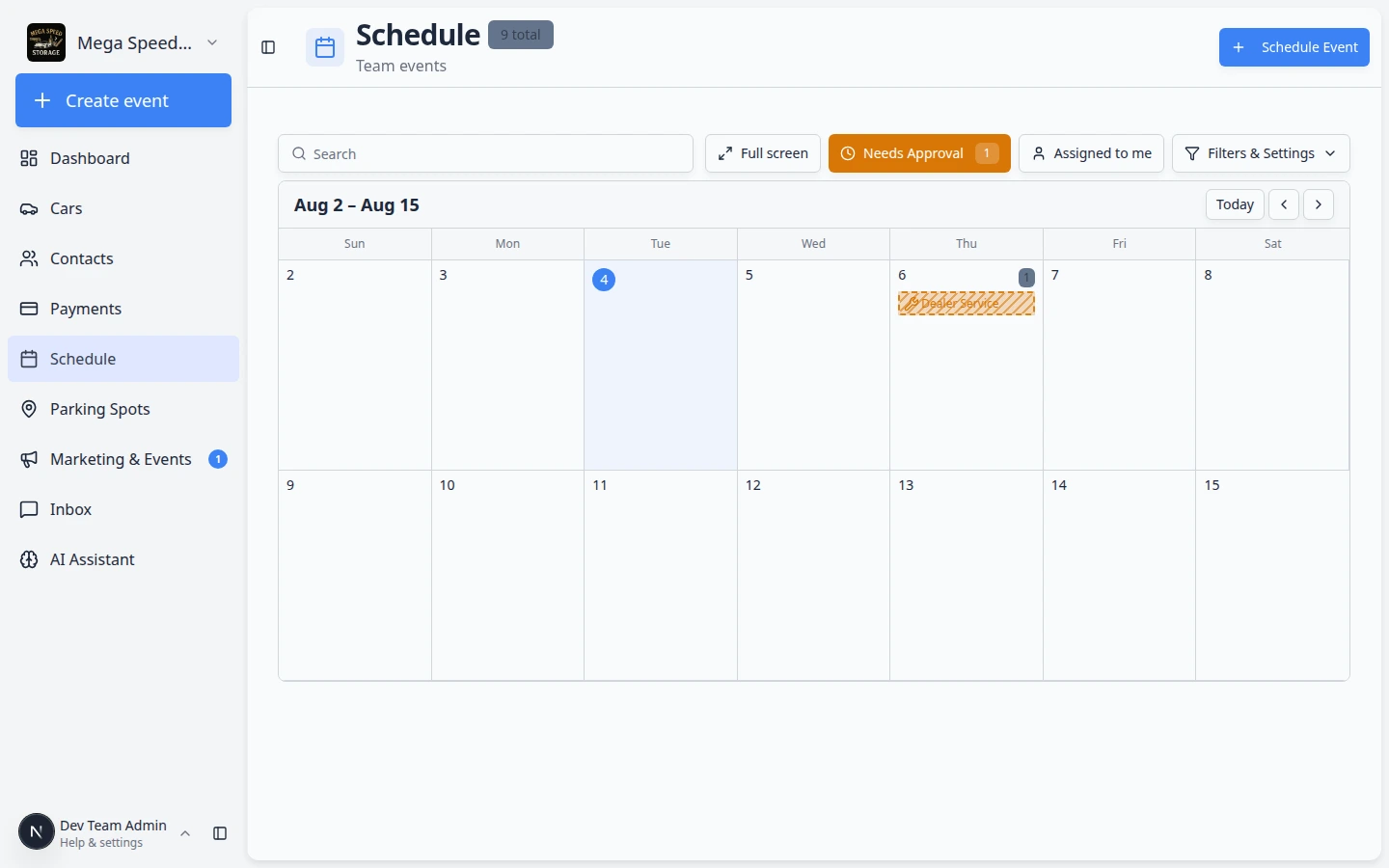 Schedule page with the Needs Approval filter active, showing a badge count and highlighted booking requests on the calendar