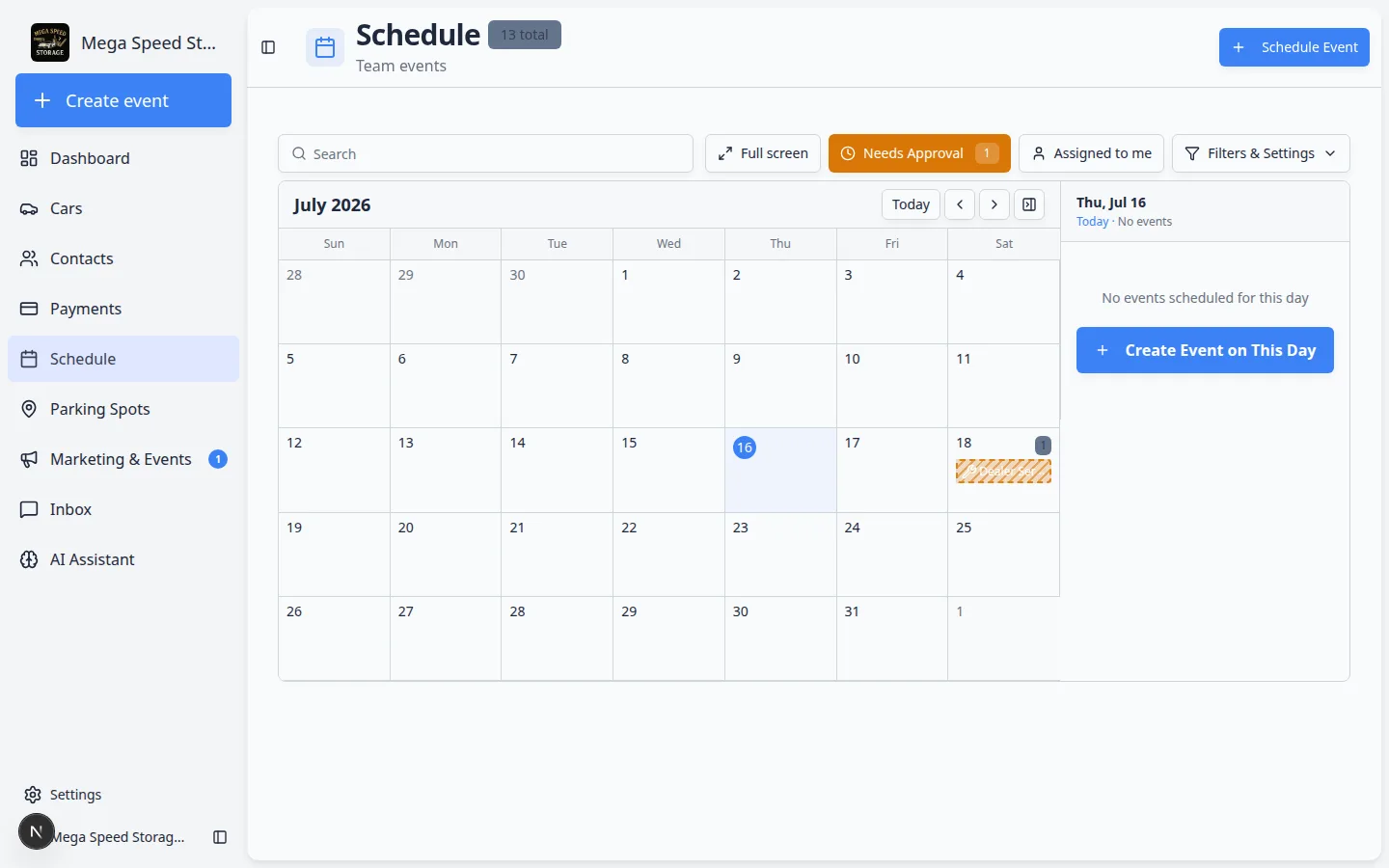Schedule with Needs Approval filter active showing pending customer booking requests