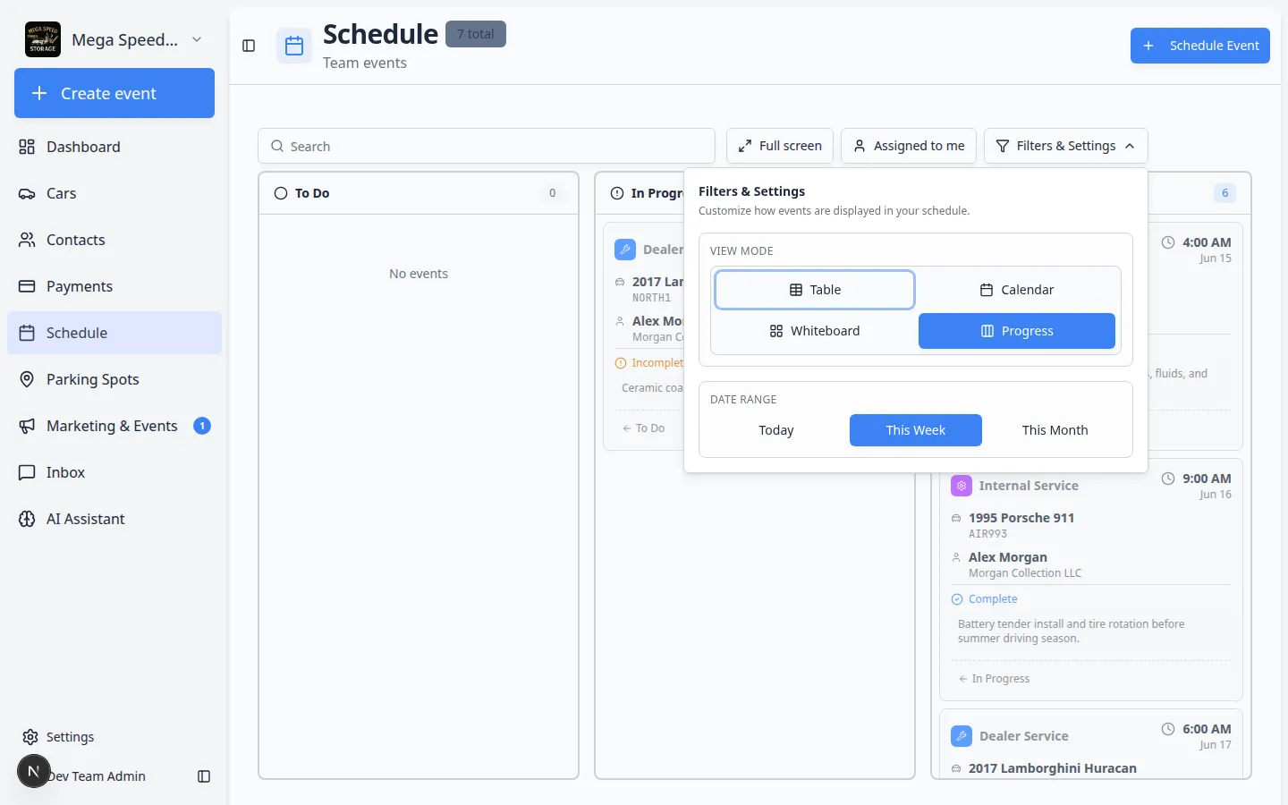 Schedule Progress view showing kanban columns for To Do, In Progress, and Done with vehicle event cards