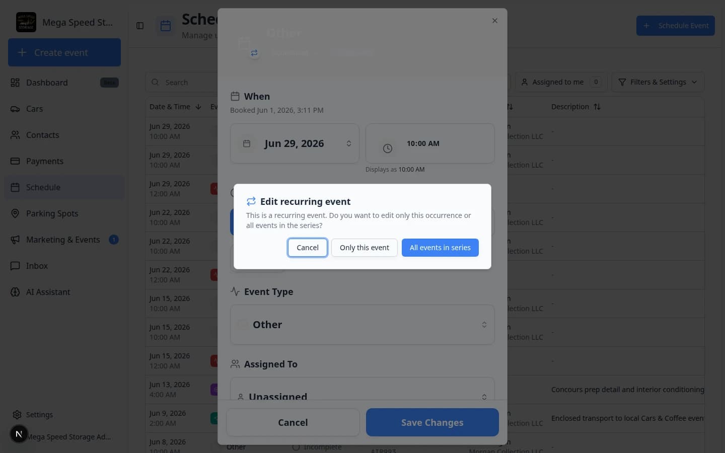 Edit recurring event dialog asking whether to change only this occurrence or all events in the series