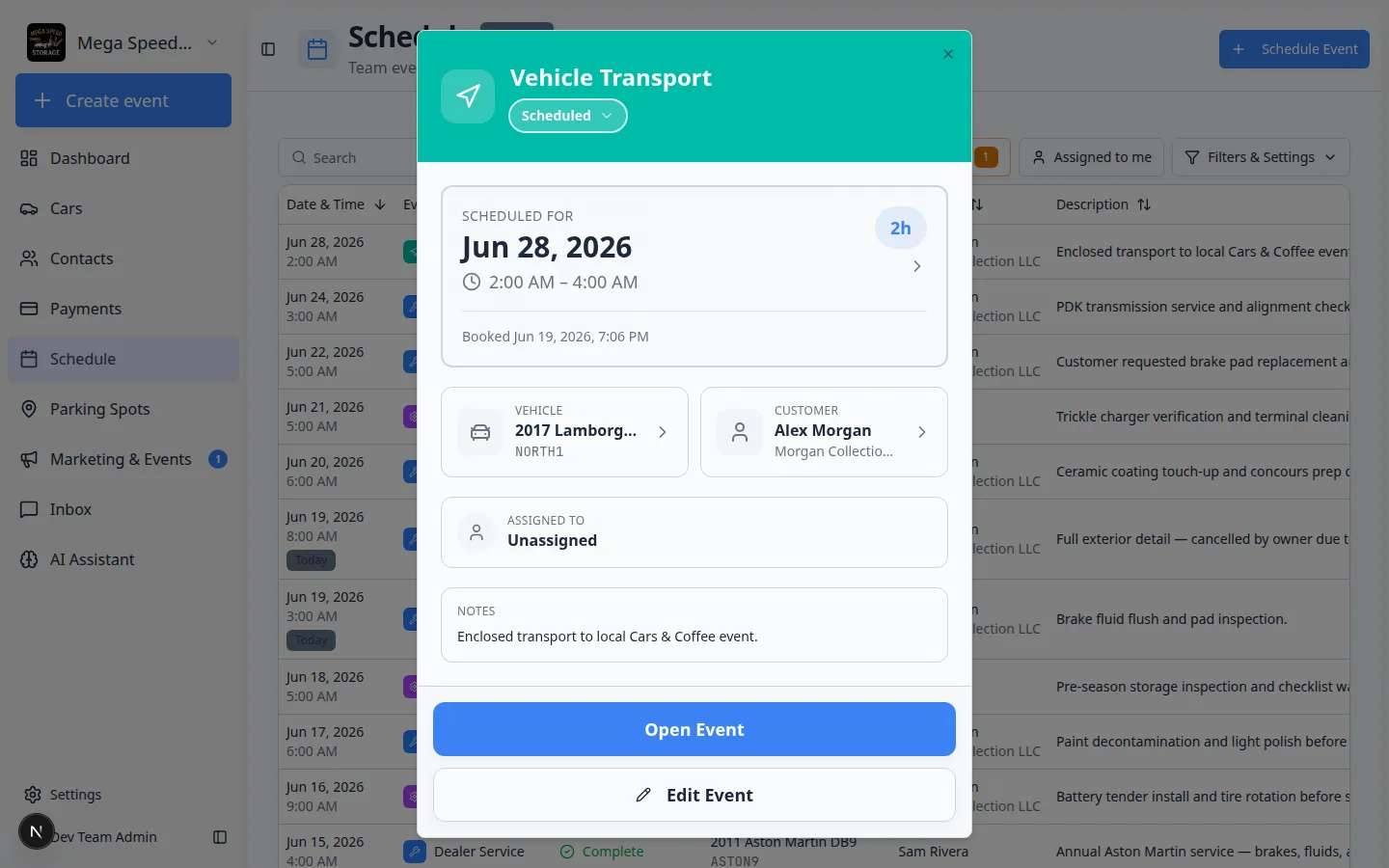 Schedule Table view with an event details panel open showing scheduled time, vehicle, customer, notes, and Open Event button