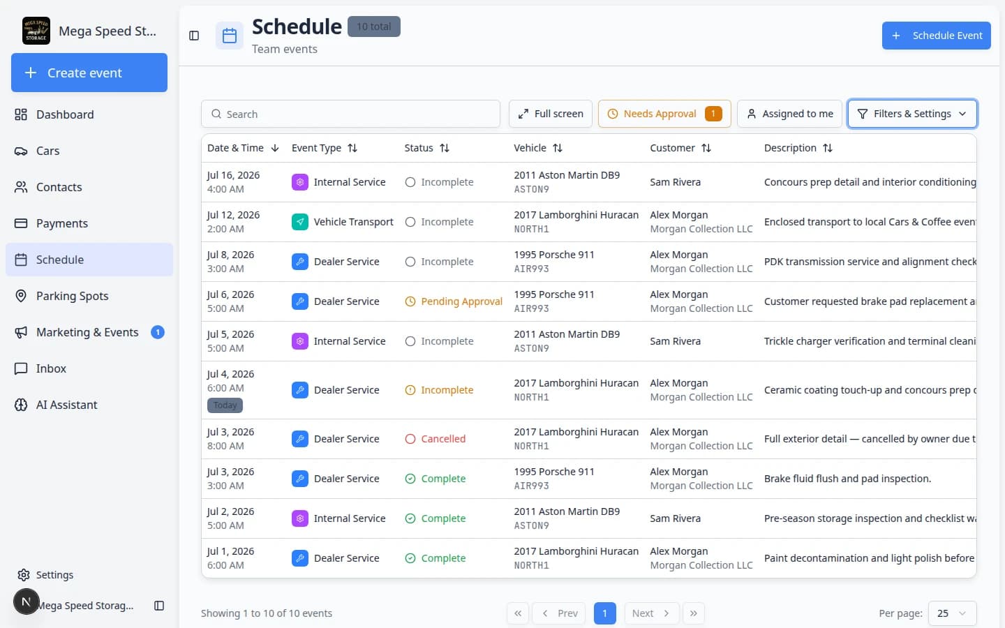 Schedule Table view showing sortable columns for date and time, event type, status, vehicle, customer, and description with color-coded event type badges