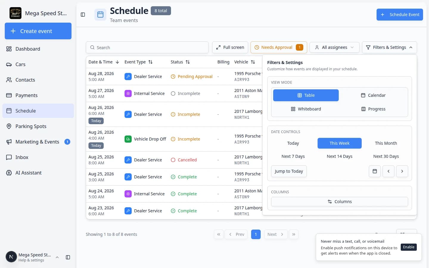 Schedule in Table view listing appointments with status column showing scheduled, cancelled, and in-progress work