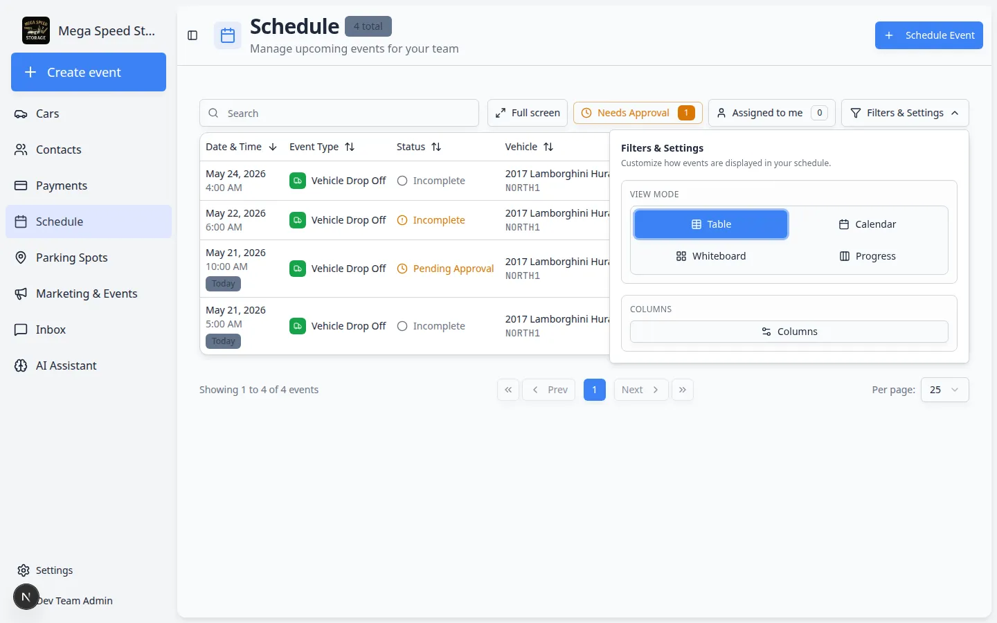 Schedule in Table view showing events listed with columns for date and time, event type, status, vehicle, customer, and description