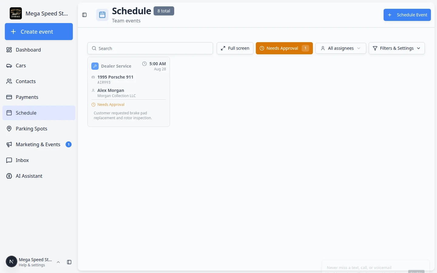 Schedule calendar with Needs Approval filter on, showing striped events waiting for staff approval