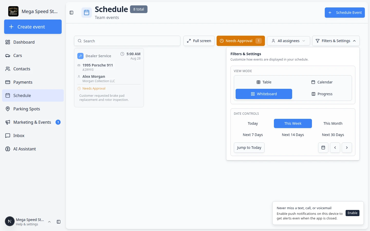 Schedule Whiteboard view showing scheduled work as cards with vehicle names, customers, event types, and times