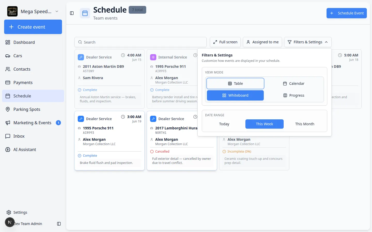 Schedule Whiteboard view showing scheduled work as cards with vehicle names, customers, event types, and times