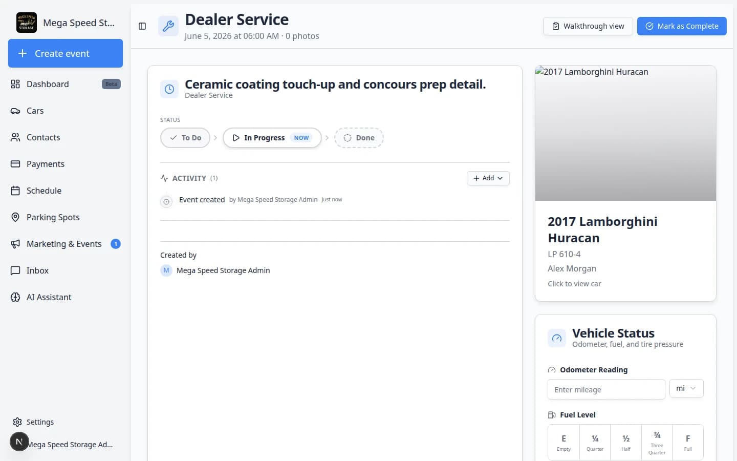 Event workflow page header showing Mark as Complete button and Walkthrough view option