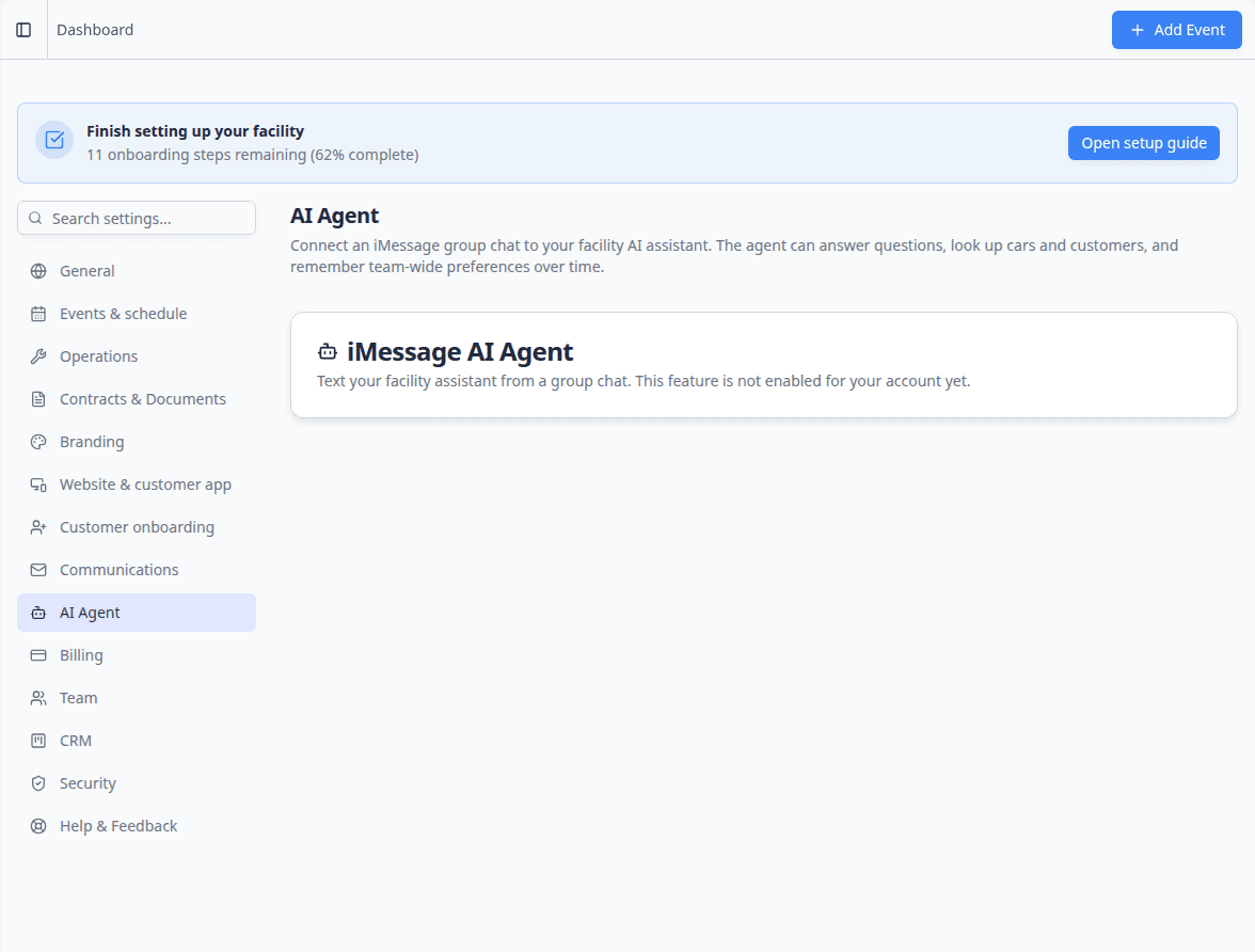 Settings AI Agent page showing iMessage AI Agent card when the feature is not yet enabled for the account