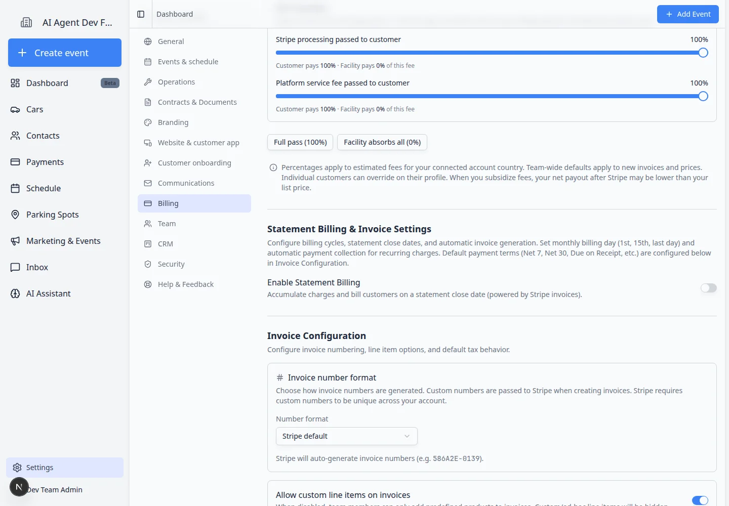 Billing settings page scrolled to Statement Billing and Invoice Configuration sections
