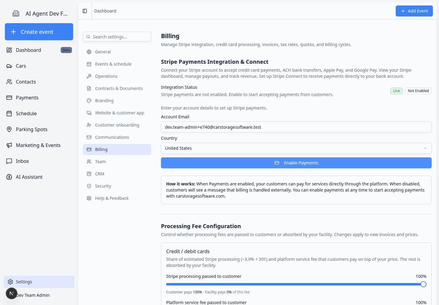 Billing settings page scrolled to Processing Fee Configuration section