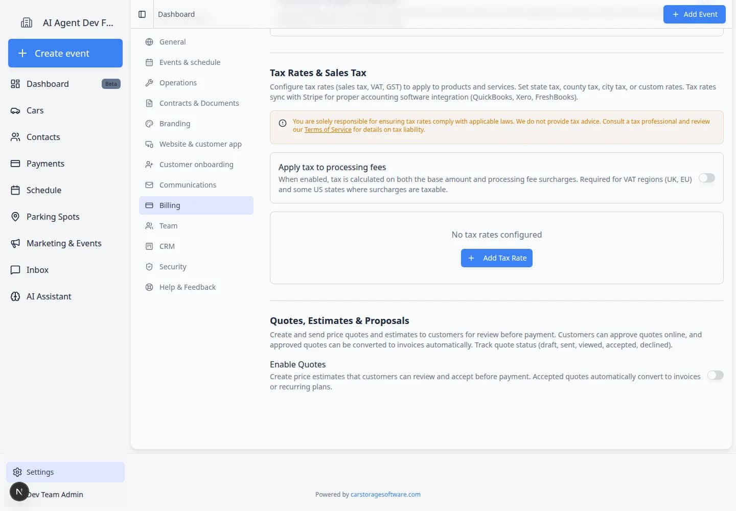 Billing settings Quotes Estimates and Proposals section showing Enable Quotes toggle