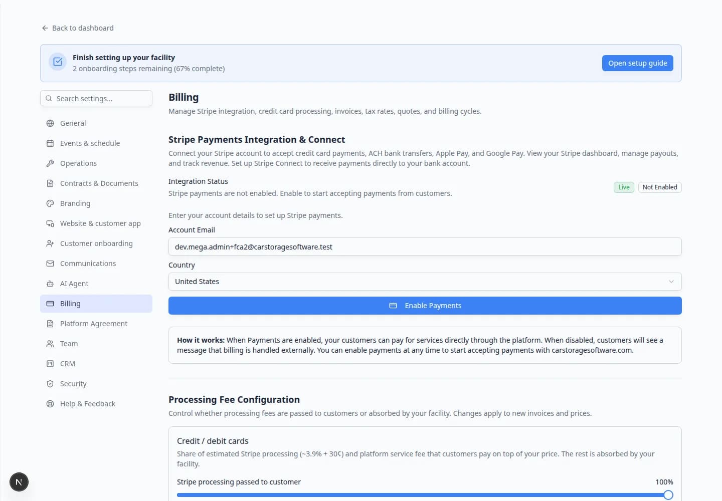 Billing settings page showing Stripe Payments Integration and Connect section at the top