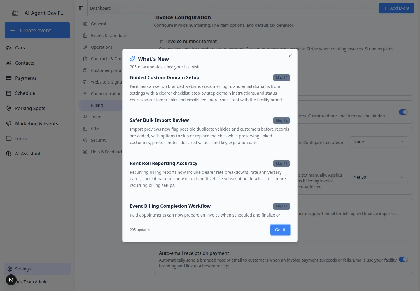 Billing settings page scrolled to Tax Rates and Sales Tax section