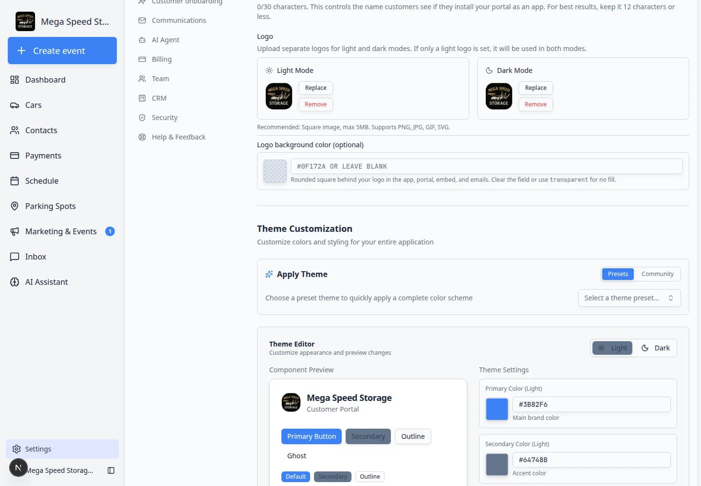 Branding settings scrolled to Theme Customization showing color pickers and theme preset options