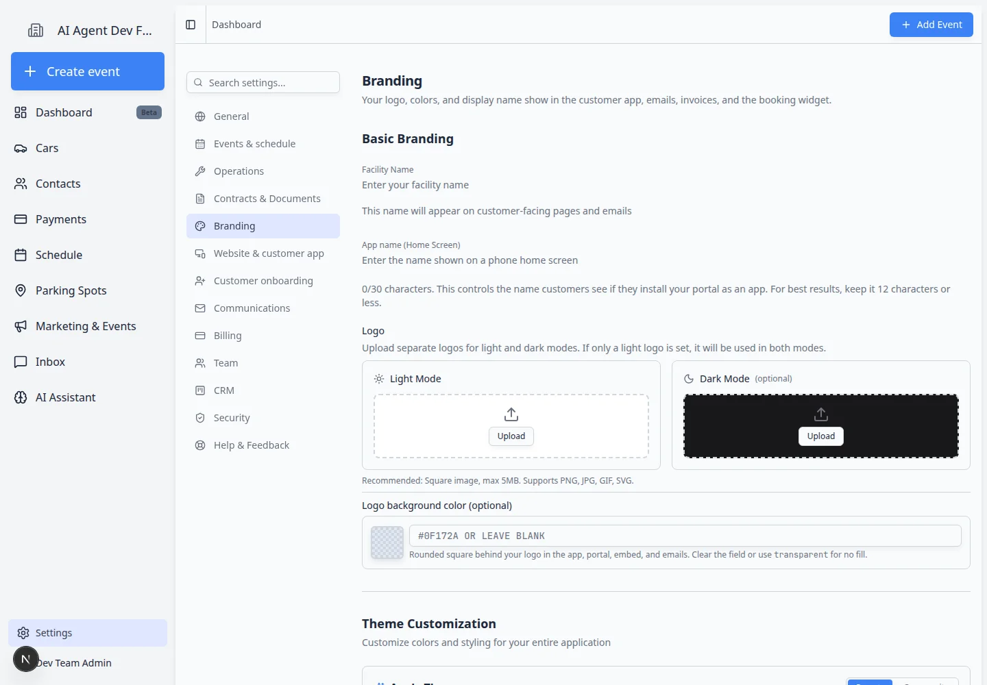 Branding settings page showing Basic Branding with facility name, app name, and light and dark mode logo upload areas