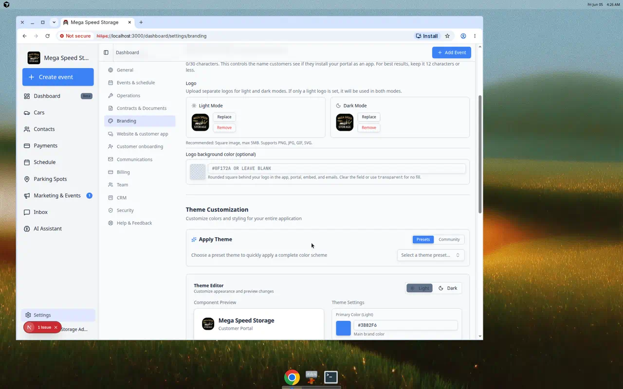 Branding settings showing Theme Customization with component preview and color pickers
