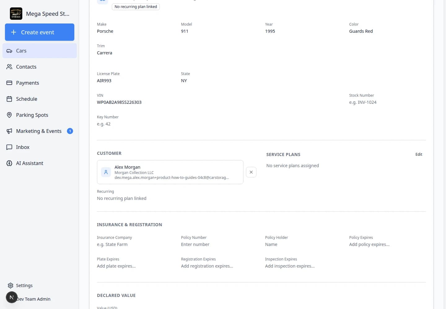 Vehicle detail page showing Service plan assignment area on a stored car